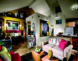 DRAMATIC SCALE: Even the smallest model, such as this 485-square-foot studio at Seabridge Villas in Los Angeles, can feel inviting and spacious with properly scaled furniture and accessories.