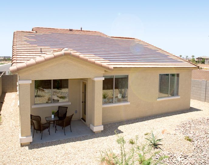 Photovoltaic shingles on the rear of a home in Beazer's Terraza at Villago in Phoenix collect solar energy that homeowners will lease from SolarCity.