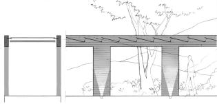 Section drawings of the walkway joining the main house and the two guest pavilions.