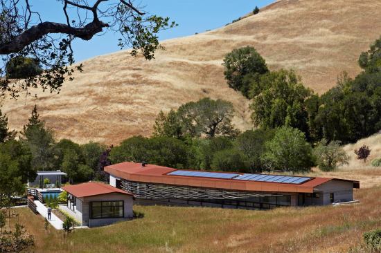 The layout of main house, guest house, and pool follows the natural contours of the site.