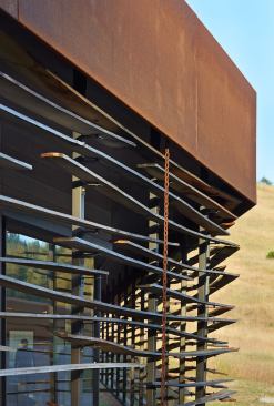 Strips of eucalyptus croook, cup, bow, and twist with time. The wood is an invasive species that architect Neal Schwartz calls "throwaway," but in this instance was exactly the material he was looking for.