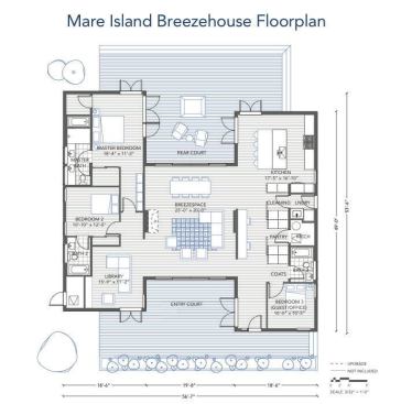 Three bedrooms, two baths, and library surround the central living/dining room and kitchen.