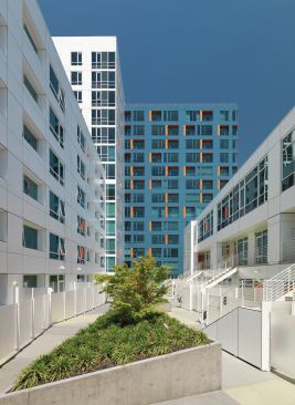 There are three attached structures of six, 10, and 16 stories. 