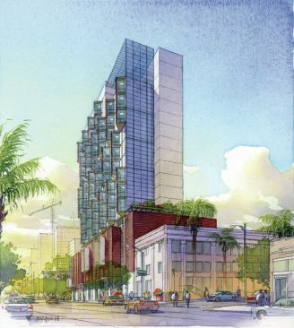 The tower of the sustainably-designed building is scaled to
match surrounding historic buildings.