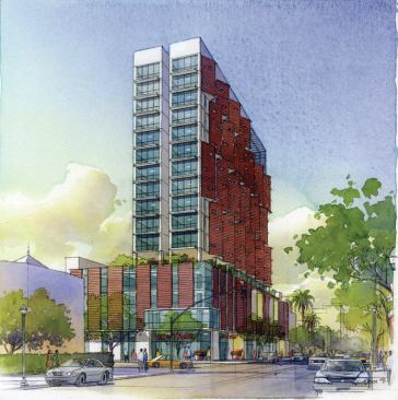 The mixed-use project combines
retail space at ground level with 250 affordable rental units.