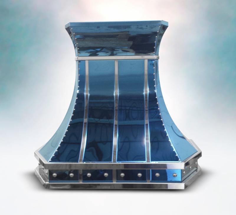 This RangeCraft Hood in Electric Blue Mirror Finish is also available in Wood Tones, Champagne, Coffee, Sky Blue, Wine Red and Bronze.