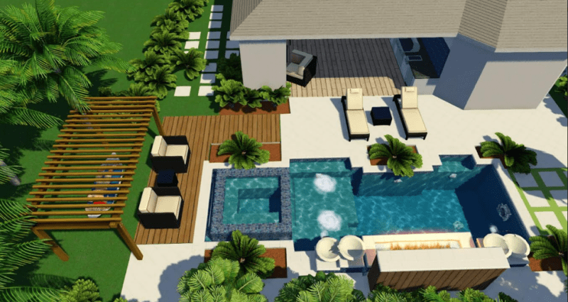 Florida foliage surrounds the pool in this backyard landscape