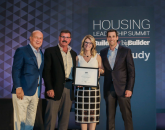 BUILDER Hearthstone Humanitarian Award honorees (center) Dave and Lori Sanson, with Hanley Wood vice chair emeritus Frank Anton (left) and Hearthstone CEO Mark Porath.