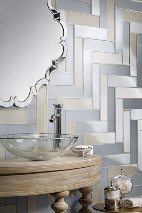 Lunada Bay Tile’s Tomei collection, shown on a bathroom wall.