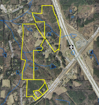 An aerial view of the area planned for West Village. Stanley Martin Homes plans to build 380 single-family homes and townhomes on the site.