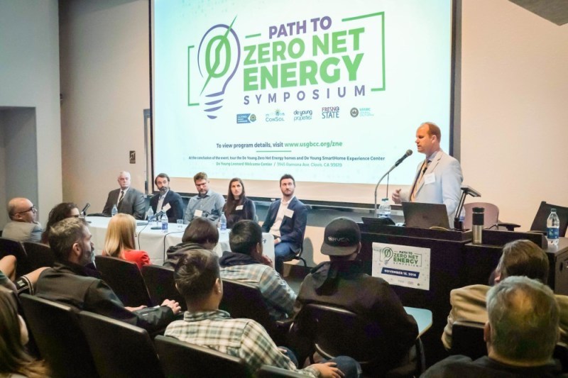 (Left to right) Robert Raymer, senior engineer/technical director, California Building Industry Association, Tom Harvey, senior manager at Tesla Energy, Garth Torvestad, senior technical consultant, ConSol, Chelsea Petrenko, managing consultant, Opinion Dynamics, Brandon De Young, executive vice president, De Young Properties. (Speaking) Brad Hyatt, P.E., LEED AP, Associate Professor and Department Chair, Department of Construction Management, Lyles College of Engineering.