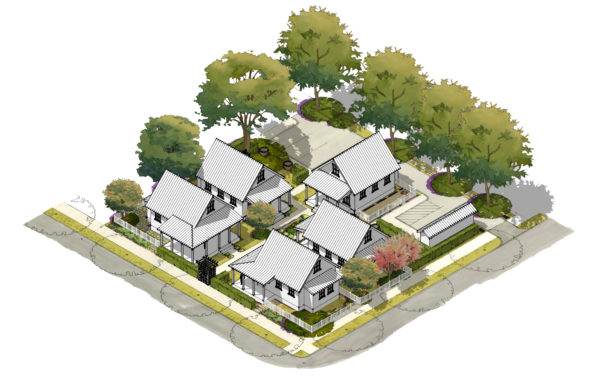 An affordable example of Missing Middle Housing that Opticos designed in Richmond, California. Based on local conditions, a family would need to make $45,000 per year to afford one of these homes.