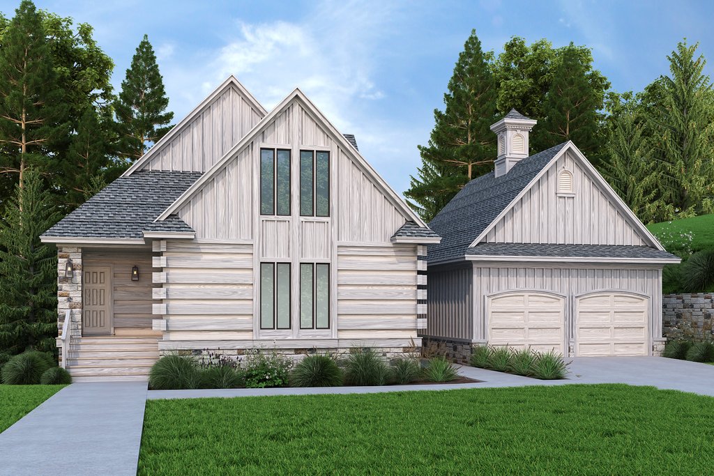Log Cabin Plan Front Exterior. See Details at Houseplans.com.