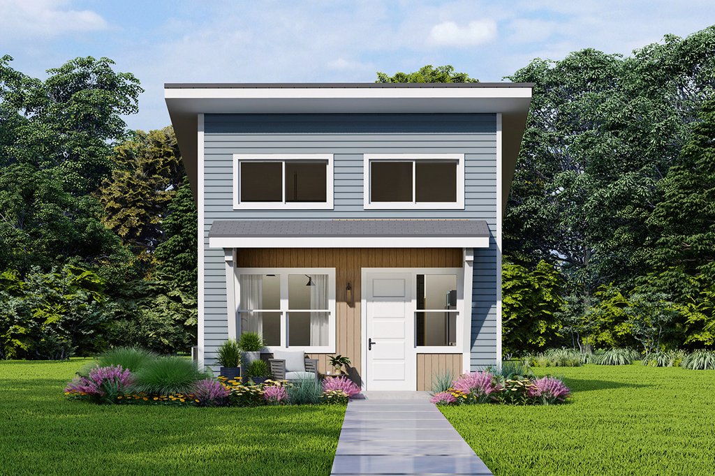 Modern tiny house plan, front exterior. See details at Houseplans.