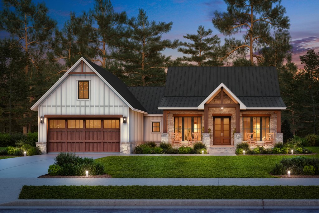 Craftsman farmhouse plan, front exterior. See details at Houseplans.