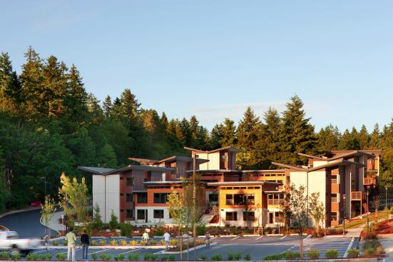 Bastyr University's student village is located at the edge of an existing conifer forest, and great care was taken to preserve the trees. Four large Douglas firs occupy the center of the village with cottages sited around them.