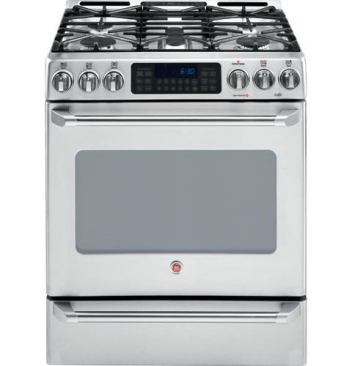 Part of the company’s Caf&eacute; series, the 30-inch unit comes with five burners, including one that delivers&nbsp;17,000 BTUs. It offers a baking drawer, a true-convection oven, and a self-clean function. It's&nbsp;priced at&nbsp;$2,100.&nbsp;GE. 
www.geappliances.com.