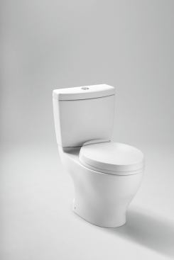 Aquia II is constructed from two pieces but has the look of a one-piece unit. It&nbsp;has a fully glazed 2 1/8-inch trapway, a Dual-Max flushing system that uses&nbsp;1.6 gallons or 0.9 gallons. It comes in five colors and costs $475.&nbsp;Toto USA. 
www.totousa.com.