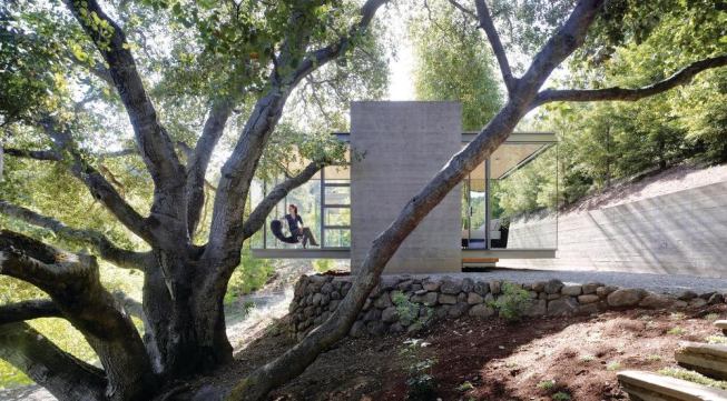 Earthbound concrete towers let the transparent boxes perch delicately above the site.