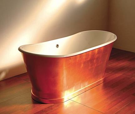 The Piedmont #874 freestanding&nbsp;tub retails for a mere&nbsp;$7,500 (compared to the Diamond Spas Atocha), mainly because it’s constructed from copper leaf applied over&nbsp;cast-iron steel with a&nbsp;vitreous porcelain interior. It will be available July 1. Sunrise Specialty.&nbsp;
www.sunrisespecialty.com.