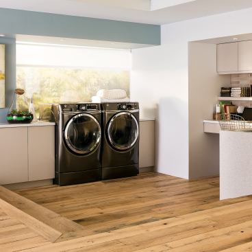 GE RightHeight The Energy Star-labeled RightHeight front load washer and dryer come with built-in risers that raise them 7 inches, a larger door opening to load and unload laundry, and wash and dry features that simplify the process. The dryer’s Detangle Assist function rotates in reverse to prevent the tangling of clothing and speed drying. The units come in white, red, or metallic carbon finishes. GE. www.geappliances.com.