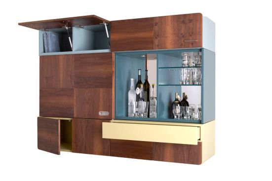The Brooklyn TV Quilt is designed to fit homes with limited space. It features four components including storage for a 32-inch TV as well as a built-in bar. Closed, it offers the look of a patchwork quilt with French walnut veneer doors. Standard size is 52 inches high, 60 inches wide, and 18 inches deep. 
www.thinkfabricate.com. &nbsp;