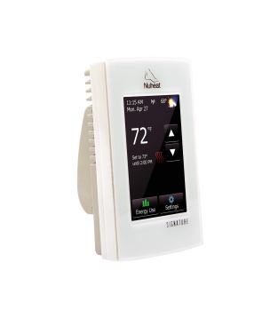 Nuheat Signature is a Wi-Fi enabled programmable thermostat that’s compatible with any electric in-floor heating system that uses a 10K ohm sensor. The device offers touchscreen operation and displays floor warming features, energy use, outdoor weather information, and more. Users also can operate the thermostat or view energy use remotely via the Nuheat Signature App.&nbsp;