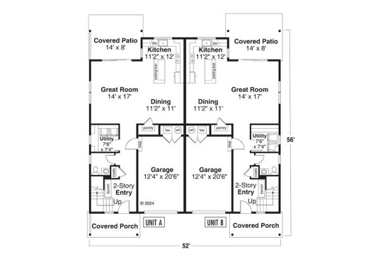Modern duplex plan, main level. See details at Houseplans.