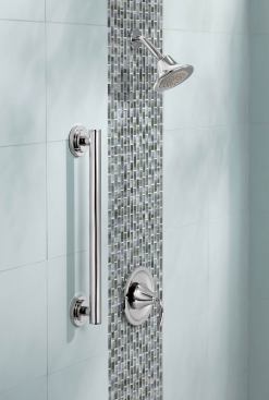 Iso Grab Bars. The manufacturer's Iso collection features&nbsp;more organic shapes infused with crisp edges to create an art deco, retro, or industrial feel. Iso grab bars coordinate with Level and Destiny bath collections. Moen. 
www.moen.com.