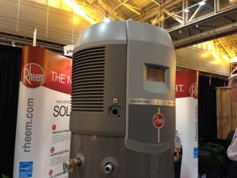 Hot Water Hybrid  The Prestige Series Hybrid Heat Pump Water Heater is more than two-and-a-half times as efficient as other models, with a 2.54 energy factor. The unit pulls in ambient air to help heat the water more efficiently, and relies more heavily on electrical heating only when conditions call for it. Though the unit is tall, the fittings are made at standard height for easier installation. 
Rheem | rheem.com