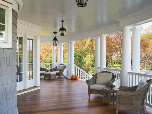 The hardy, tongue-and-groove porch flooring is made of ipe. The floor is slightly sloped (&frac14; inch per foot) so rainwater will drain off.
