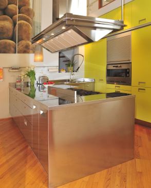 Designed for a set of passionate home cooks, this kitchen offers the flow and efficiency of a restaurant kitchen in a compact space, thanks to a stainless steel workspace that looks as if it’s built to withstand anything. Project: Wilson Patenaude Residence, Evanston, Ill.; Builder/Designer: Arclinea Chicago LLC, Chicago