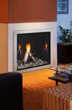 Hot Stuff  The modern fireplaces trend continues. This one, LUX, is a gas fireplace unit featuring stainless steel construction, modern media in place of traditional logs, steel pipes, and a reflective black glass firebox. A clean face design allows finishing materials to be applied up to the edge of the fireplace and standard sizes—36 inches and 42 inches—make it easier to frame. 
Heat & Glo by Hearth and Home Technologies. www.heatnglo.com. 
—N.M.