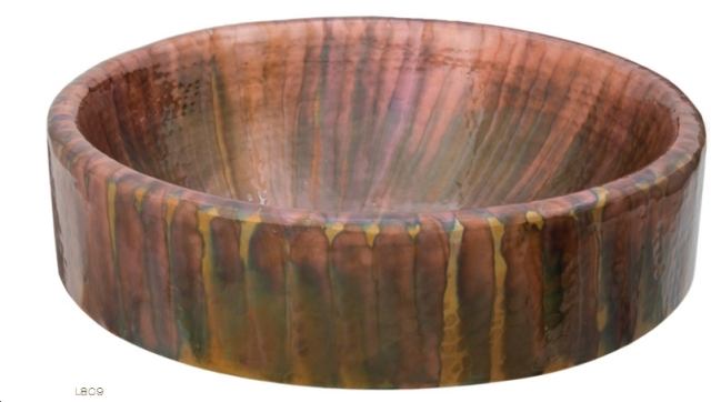 Part of the company’s Legacy Collection, the Baccus Tornasol partial drop-in or vessel-mount sink is made from 16-gauge, pure multi-colored copper. It measures 17 inches in diameter and 6&frac12; inches deep. 
www.thompsontraders.com.
