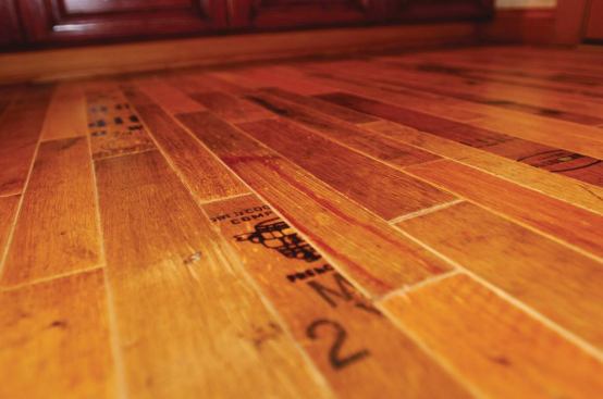 Wine and Dine Flooring in the Vintage Barrel collection is made with wood reclaimed from old wine barrels. The line includes Cooperage (shown), which features markings from barrel heads; Wine Infusion, with wood from the inside of the barrel and boasting the rich color of wine staining; and Stave, the outer wood material that sports the markings of the barrels&iacute; hoops. Fontenay. 800.651.8225. 
www.fontenay.us.