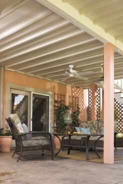 TimberTech DrySpace DrySpace secures between the deck joists to route water away from the space beneath. The system forms a ceiling made from off-white solid extruded vinyl, which the firm says lightens the area below. Designed for new or existing second-story decks with 12-inch or 16-inch on-center joist spacing, TimberTech also offers an optional gutter and downspout to ensure water is drained away from the usable space beneath.&nbsp;