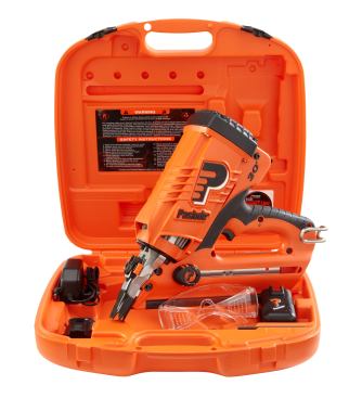 The system allows for tool-less depth of drive adjustment and includes a heavy-duty nose-piece that allows for toe-nailing at any angle.&nbsp; 
www.paslode.com