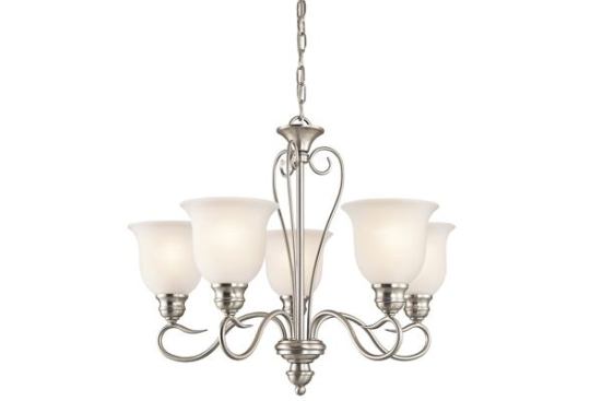 Traditional Shine  Offering traditionally styled designs, the Tanglewood Collection features a wide selection of products that includes pendants, chandeliers, and wall sconces. Pieces&nbsp;showcase satin-etched glass shades and come in two new finishes: brushed nickel and olde bronze. 
Kichler. www.kichler.com. 
—N.M.