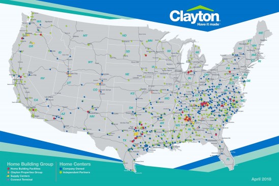 Across the U.S. there are 40 climate-controlled home building facilities where Clayton Built homes are constructed. Many of Clayton’s home building facilities are strategically located near Clayton-owned home centers so retailers can deliver homes quickly.