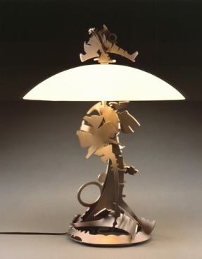 Formed and fabricated steel, glass shade.

Dimensions: 26 1/2 x 20 1/4”