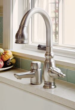KITCHEN UTENSILS: Kohler’s Smart Divide sink brings a new level of versatility to the kitchen. The cast iron, double-basin unit consists of a 9-inch-deep bowl and a 4 1/2-inch divider that gives users more clearance between the faucet and the midsection of the sink. It also allows the easy transfer of heavy pots and pans. Complementing the sink, the Vinnata pull-down faucet in brushed nickel has a high-arch spout, durable ceramic valves, and a spray face that resists calcium buildup. www.kohler.com