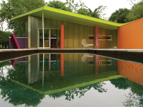 Annual Design Review 2010 – Live: Citation  Architect: Stamberg Aferiat Architecture, New York; Construction Manager: deVries and Wallace   Stamberg Aferiat Architecture conceived of a fanciful retreat into a 1,100-square-foot quasi-Cubist crayon box for the most demanding of clients: themselves. This pool house on Shelter Island, N.Y., was intended to reference Mies van der Rohe’s Barcelona Pavilion, in a tongue-and-cheek sort of way.