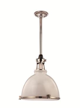 The Massena pendant is Hudson Valley Lighting’s contemporary update to a classic fixture.&nbsp; Available in two sizes, the light features a metal shade and a metal frame, with a round ceiling canopy. Pendants can be specified in old bronze, polished nickel, satin nickel, and white glass with polished nickel accents. 
www.hudsonvalleylighting.com.