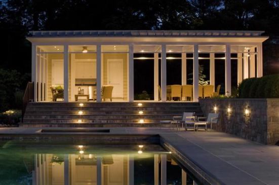 Inspired by the pavilions of India, this partly-covered outdoor space allows light to filter through its pergola and offers an elevated vantage point to view the swimming pool. &nbsp; 
Project: O’Brien Pool Pavilion, Greenwich, Conn.; Architect: Saniee Architects, Greenwich; Builder: H&Y Construction, Brookfield, Conn.