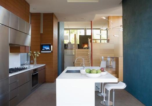 Interior elements deploy an abbreviated palette of materials in broad, simple forms. A sliding glass wall system allows the kitchen to become an indoor/outdoor room.