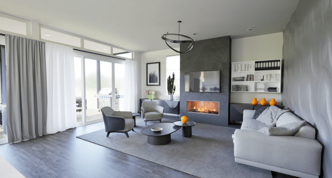 Modern one-story house plan, living room. See details at Houseplans.com.