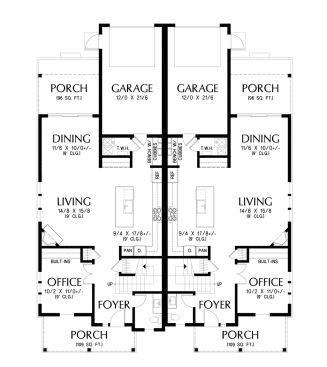 Farmhouse duplex house plan with garage, main level. See details at Houseplans.