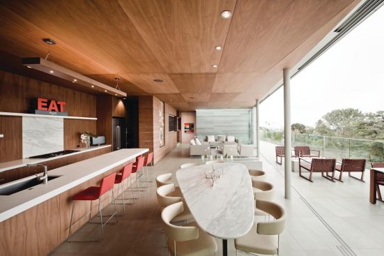 Residential Architect March-April 2013  Case Study: Kafka Residence,&nbsp;La Jolla, Calif.   Architect Safdie Rabines Architects, San Diego; General contractor: Beacham Construction, La Jolla; Project size: 300 square feet; Construction cost: Withheld.   At the Kafka Residence by Safdie Rabines Architects, living, dining, and kitchen areas share a single, open space that merges with an elevated deck.