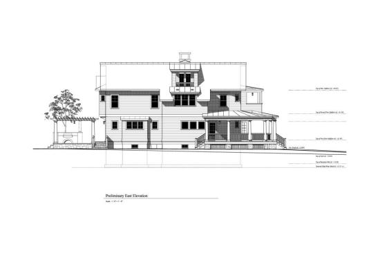 The curved porch is to the east of the north entrance. At the balcony in the third floor is a bank of three windows; that's the master bath. Above that is another walkout balcony. There are several porches and balconies on this house, a doff of the cap to the seafaring tradition of widows walks. They're also private spaces. 