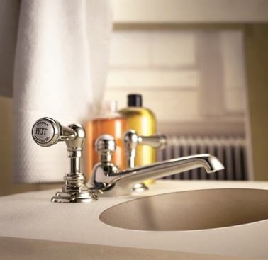 The Stratford line of bath fittings has a classic yet clean appearance that will fit right into all but the most contemporary architectural styles.&nbsp; Shown with Preston handles, the widespread unit measures 7 inches and is shown in polished chrome. 
www.watermark-designs.com.